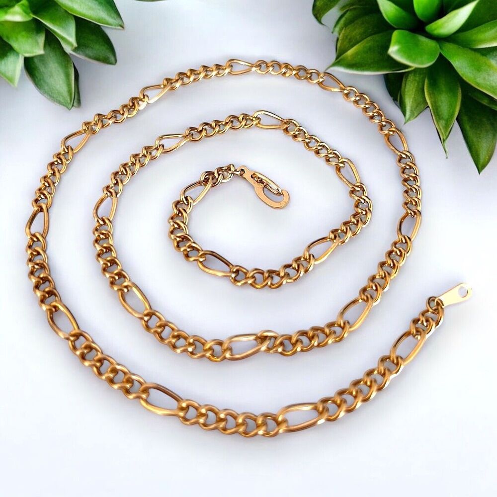 Vintage 1980s Figaro Chain Necklace Gold Plated 14KGP Classic Link - 12D